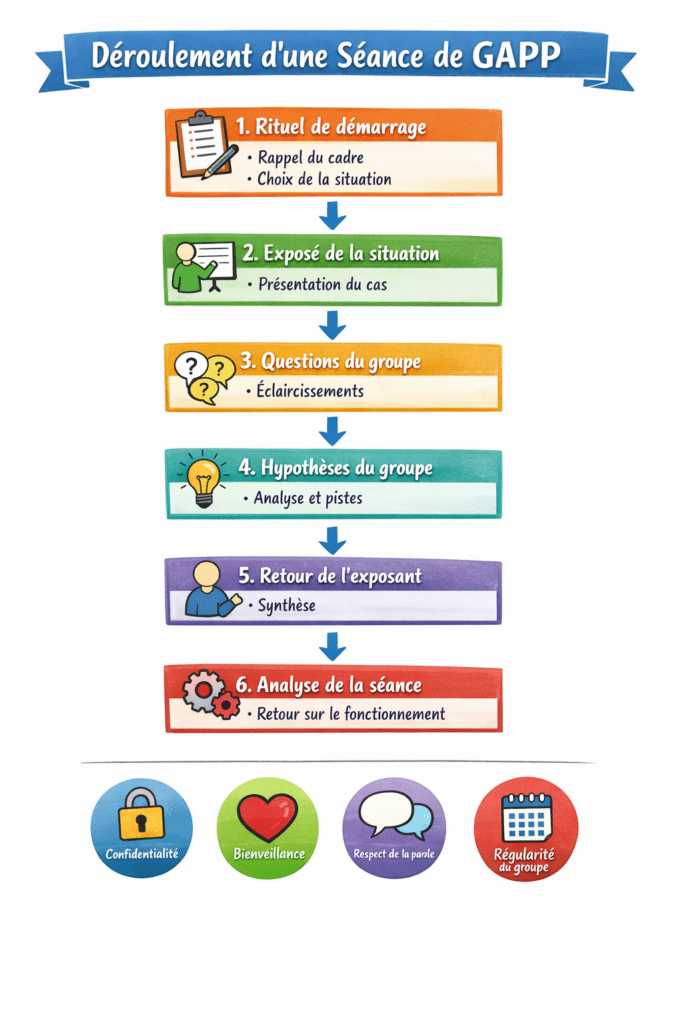 Schéma du déroulement d’une séance de GAPP : rituel de démarrage, exposé de la situation, questions du groupe, hypothèses, retour de l’exposant et analyse de la séance.